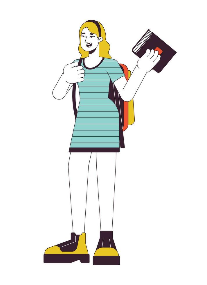 Caucasian college girl holding book flat line color vector character. Editable outline full body person on white. Backpack student female simple cartoon spot illustration for web graphic design