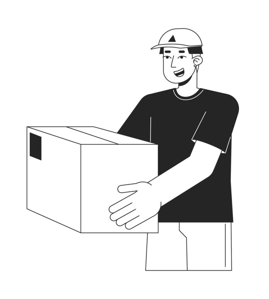 Happy courier holding package flat line black white vector character. Express delivery. Editable outline half body person. Delivery man simple cartoon isolated spot illustration for web graphic design