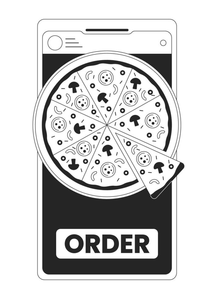 Order pizza by smartphone bw concept vector spot illustration. Using gadget for buying food 2D cartoon flat line monochromatic object for web UI design. Editable isolated outline hero image