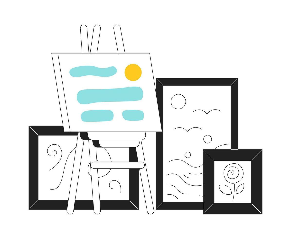 Abstract paintings monochrome flat vector object. Exhibition of paintings. Picture on easel. Editable black and white line art drawing. Simple outline spot illustration for web graphic design