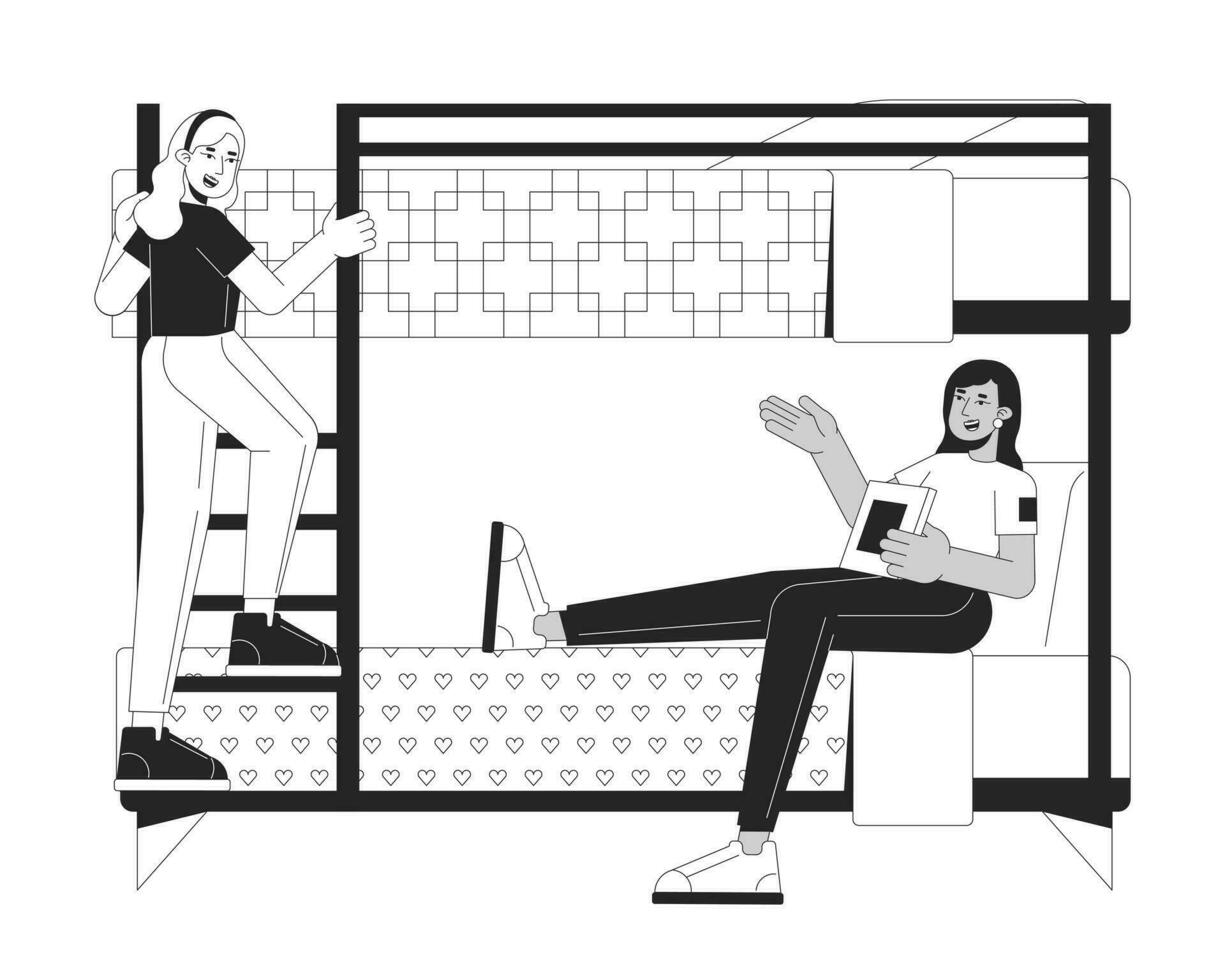Female roommates in bunkbed flat line black white vector characters. Editable outline full body people. University accommodation students simple cartoon isolated spot illustration for web design