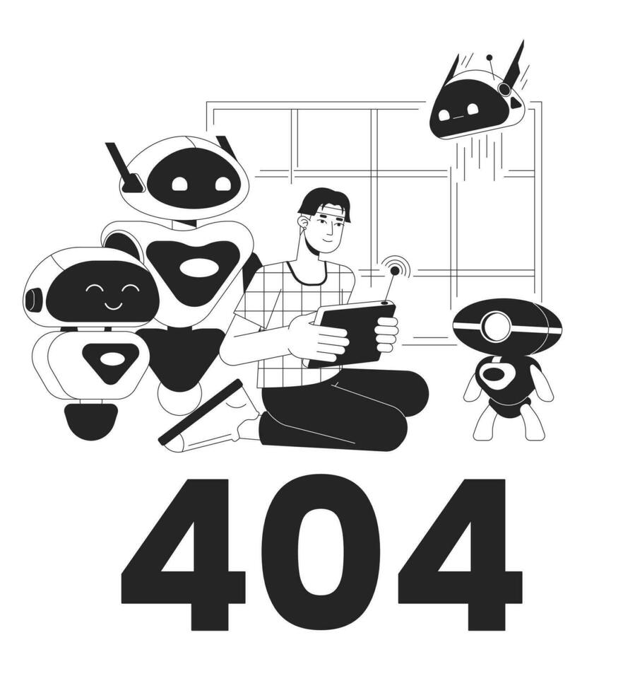 Robotic scientist laboratory black white error 404 flash message. Testing android. Ai technology. Monochrome empty state ui design. Page not found popup image. Vector flat outline illustration concept