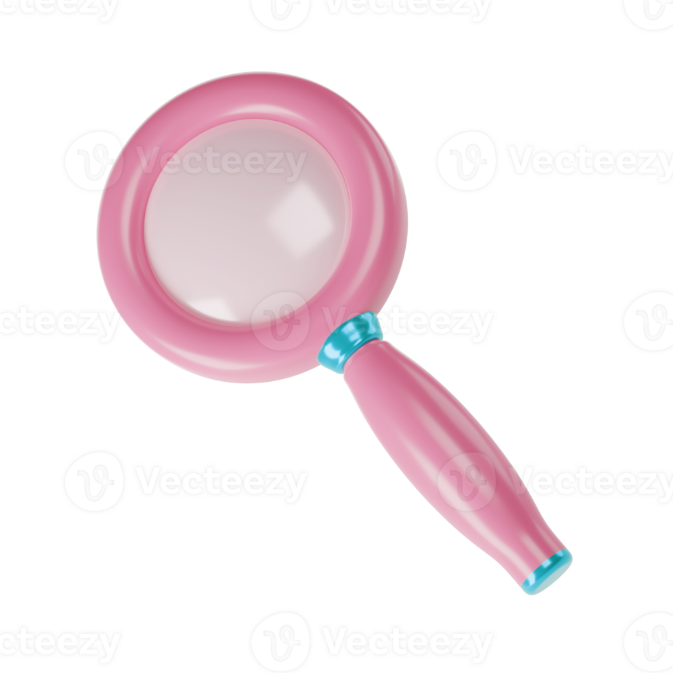 3d pink magnifying pink glass icon isolated with clipping path. Render minimal loupe search icon for finding, reading, research, analysis information. Cartoon realistic png