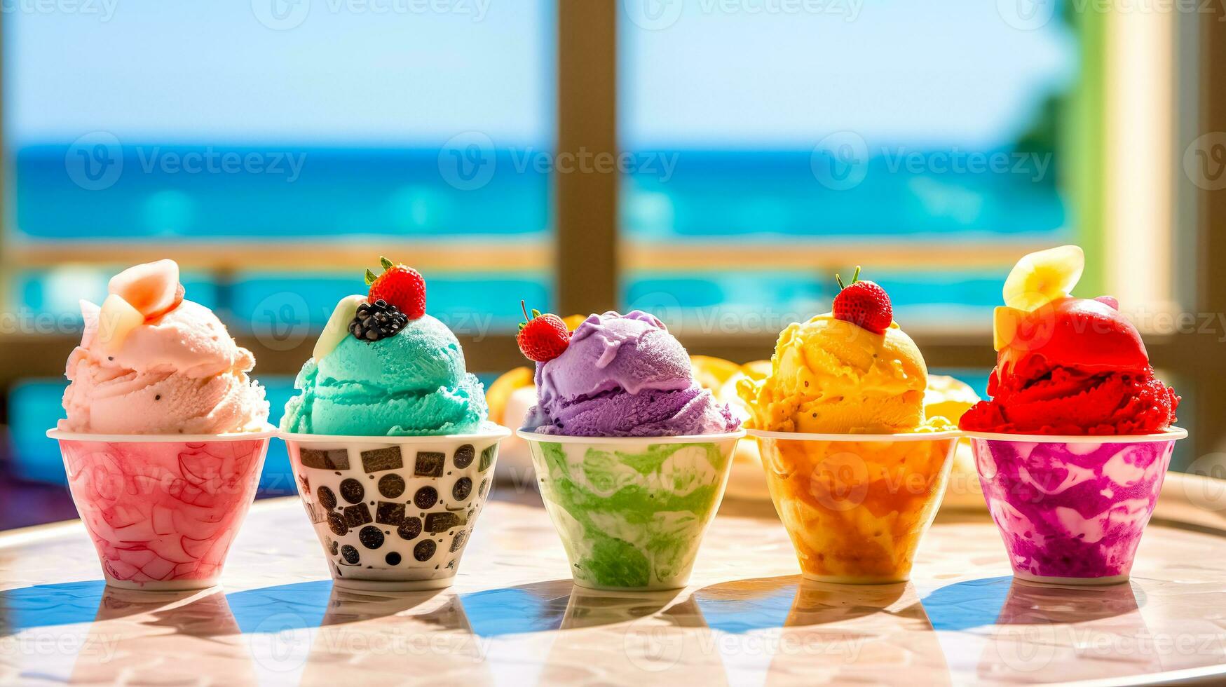 colourful tasty ice cream cups with fruit, banner made with Generative AI photo