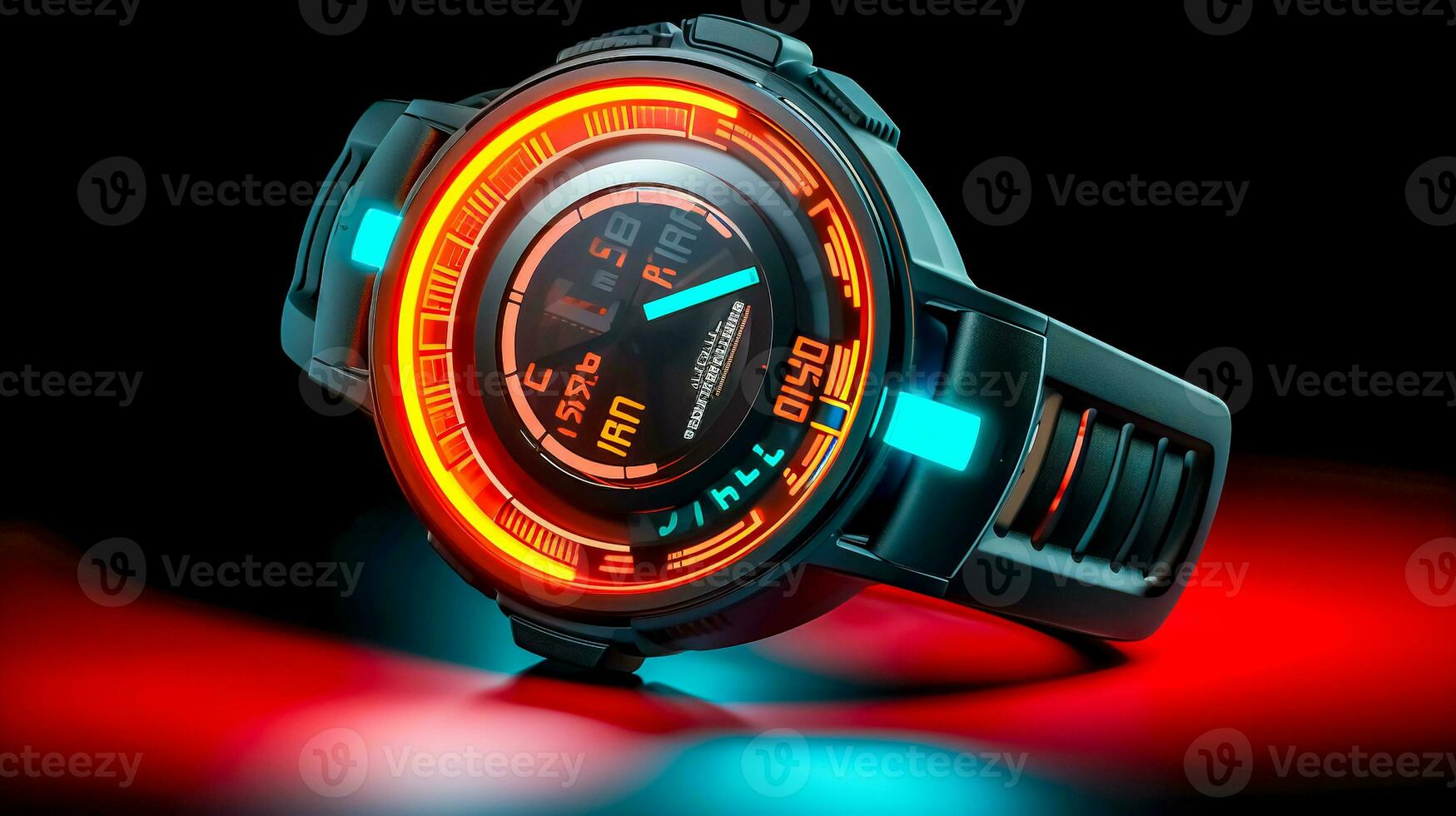smart digital wrist watch, neon led lights, made with Generative AI photo