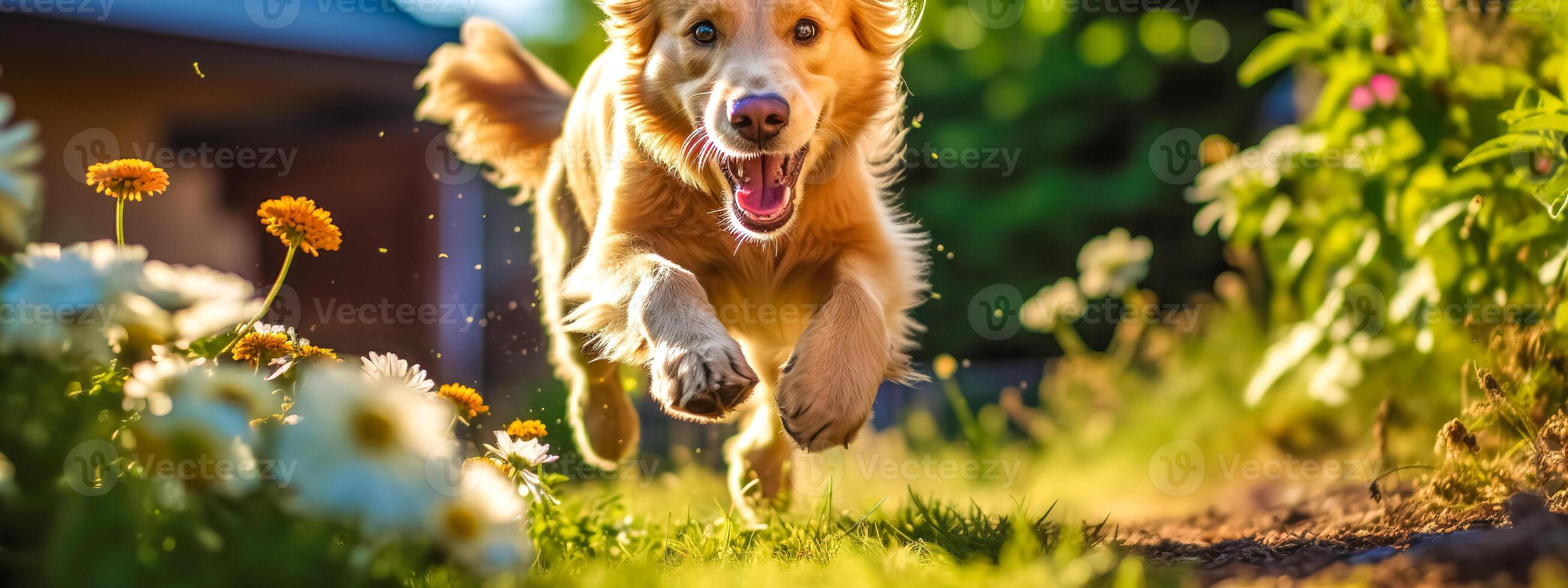happy dog running across a green flowery meadow, banner made with photo