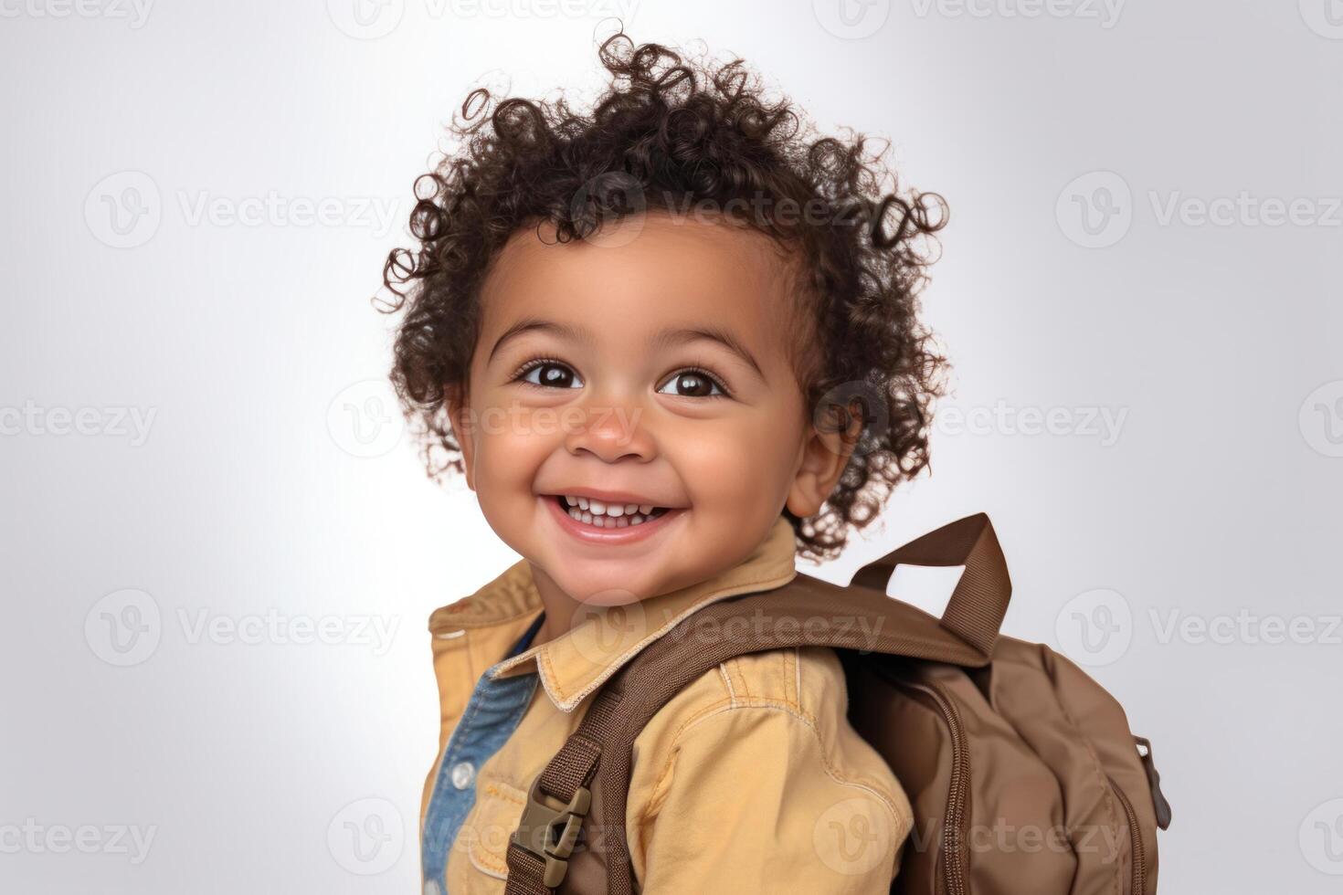 Emotional African American Kid Isolated on White Background. Mockup for Advertising Banner. photo