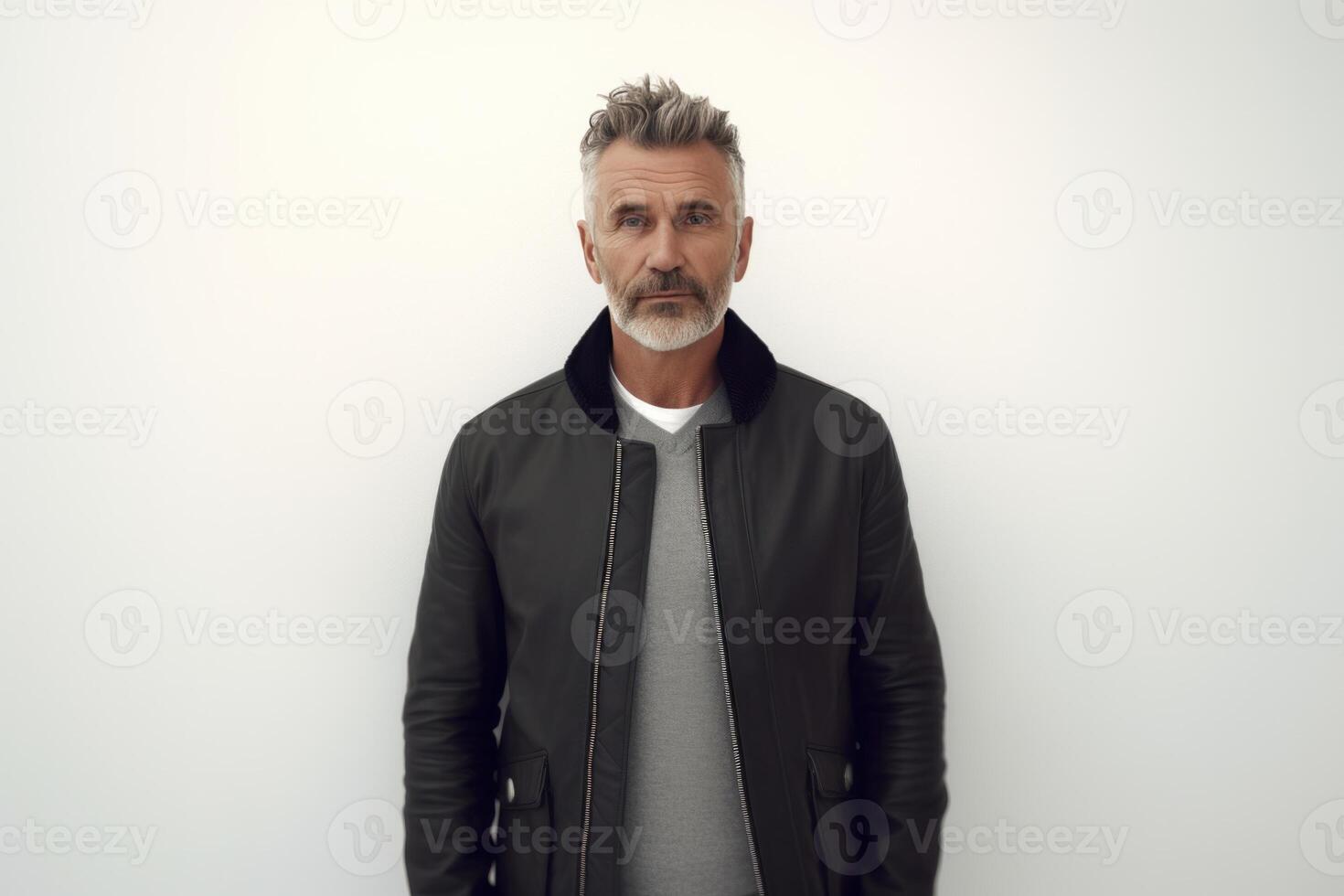 Middle Aged Mediterranean Male Wearing Black Leather Jacket on Gray Copy Space. photo