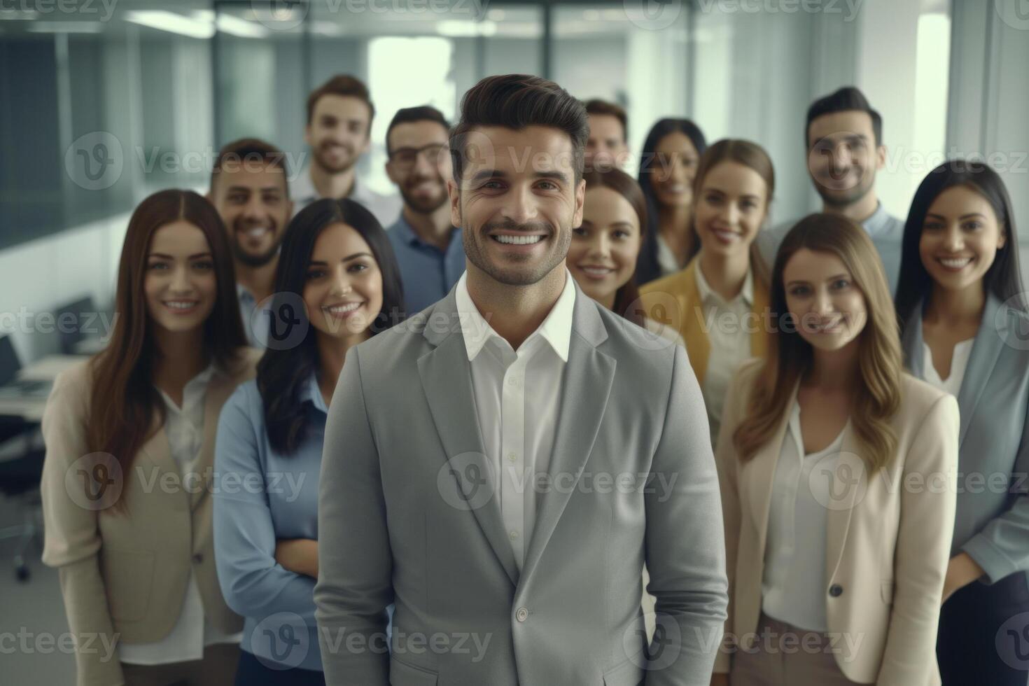 Male business coach pose together with office workers group, business team coaching. photo