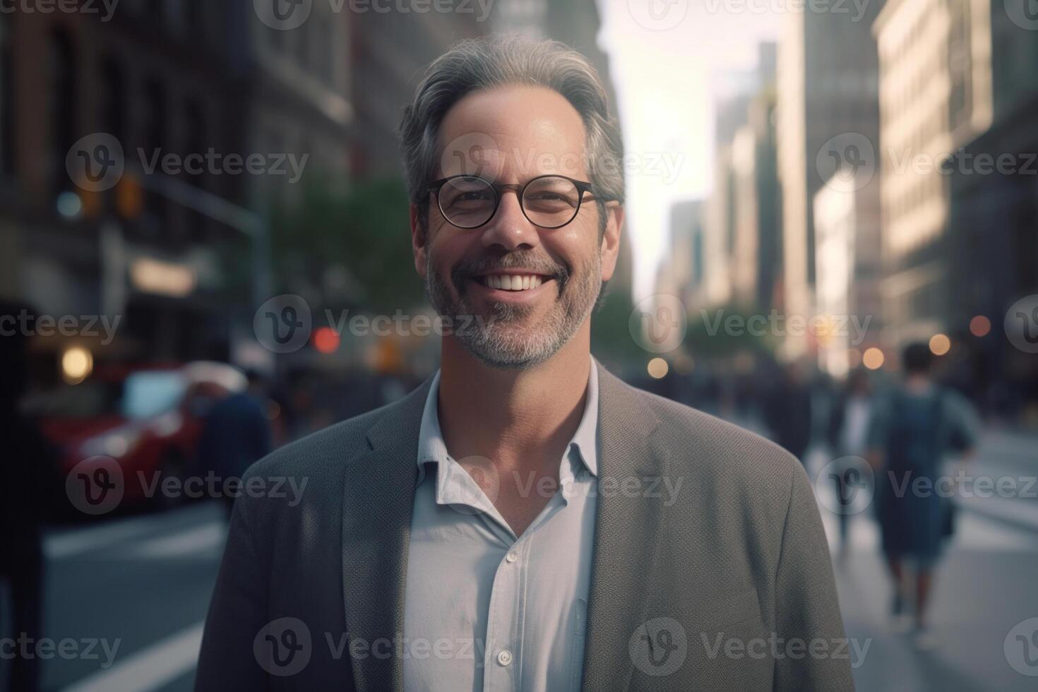 Sincere Middle Aged Man Standing on the Street and Smiling at the Camera. photo