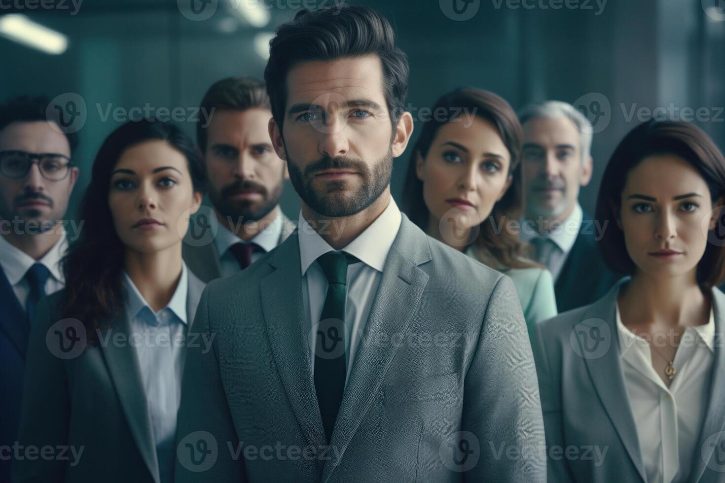 Male businessperson leader and his team, associates, business partners in office. photo