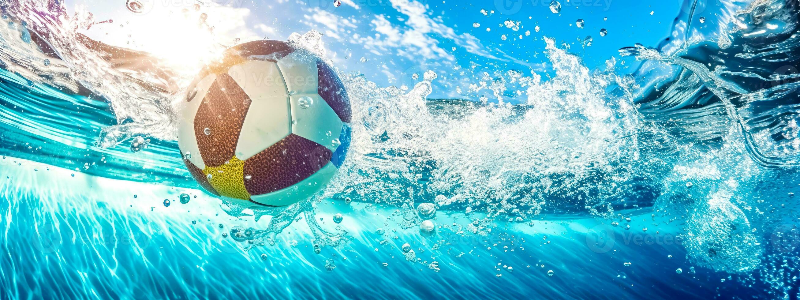 water polo, ball falling into water, banner with copy space made with Generative AI photo