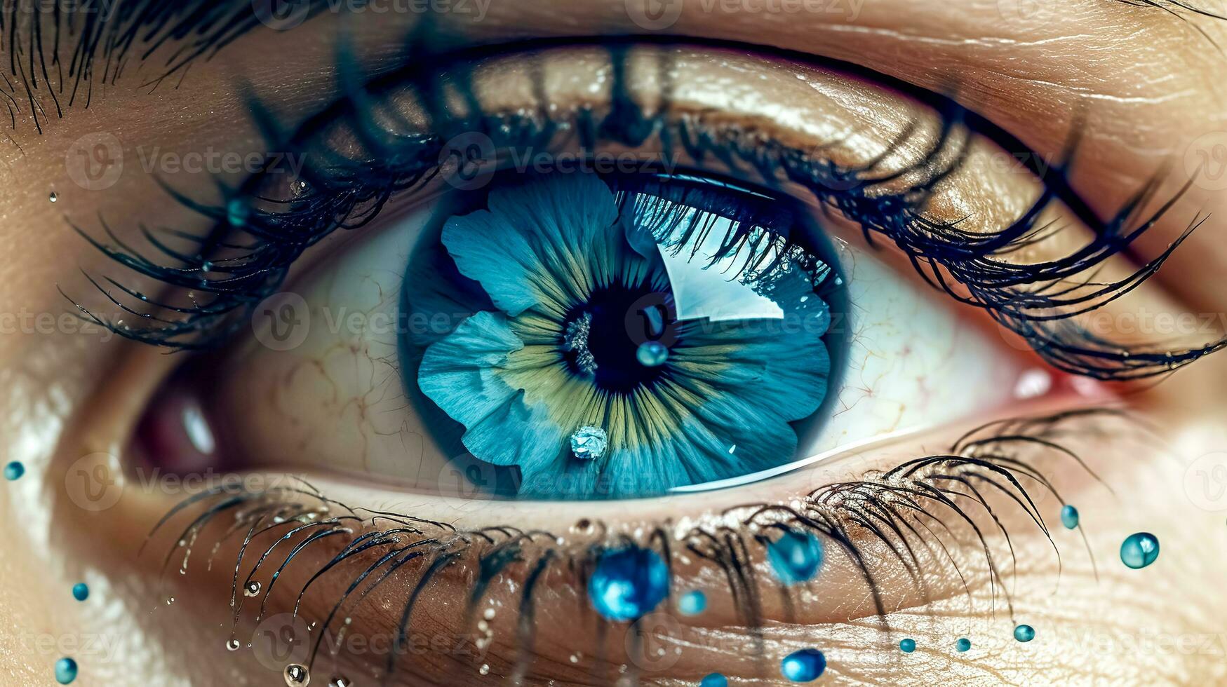 art close-up of a human eye with a tear drop, made with Generative AI photo