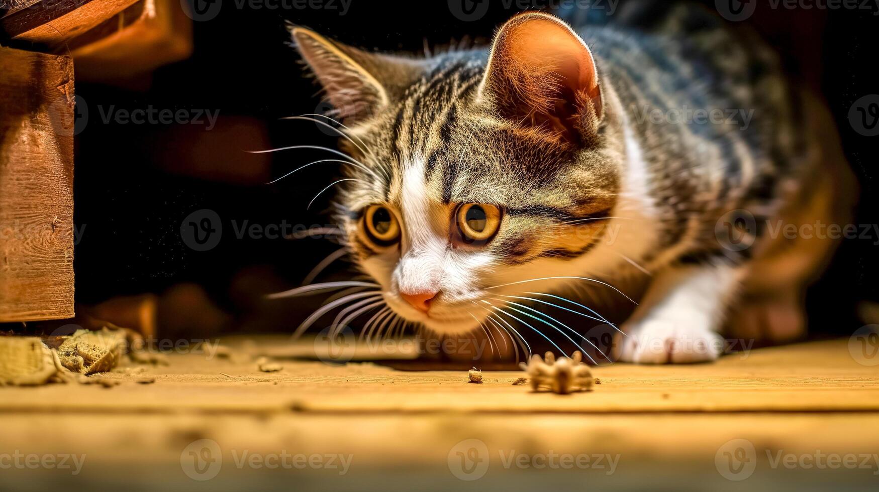 domestic cat waiting in hiding for prey, hunting beast, made with photo