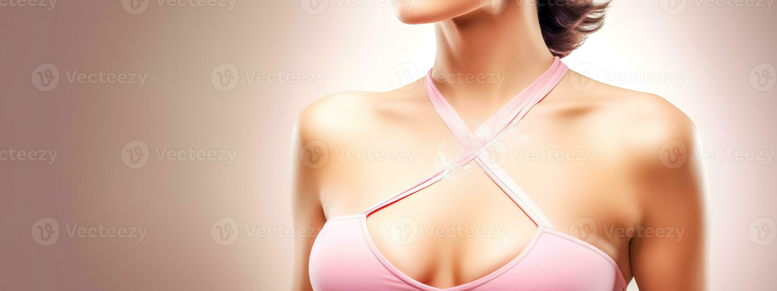 Breast Cancer Awareness Month, woman in pink bra, banner with copy space made with Generative AI photo
