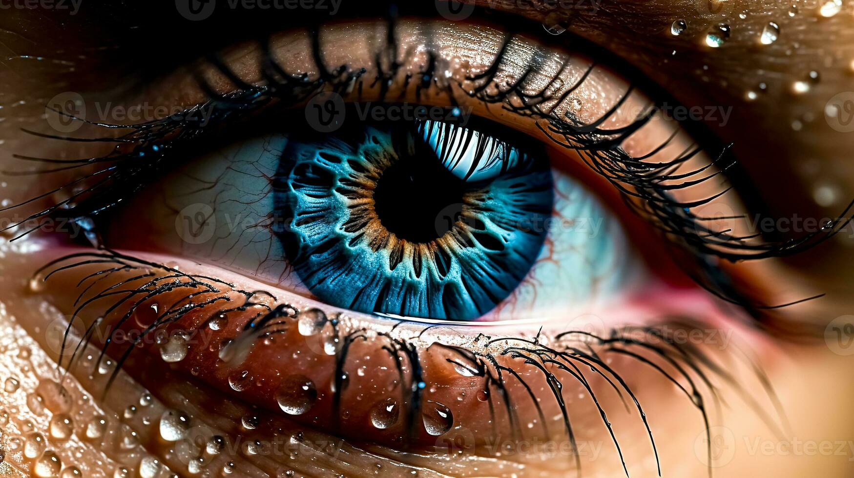 attractive close-up of a human eye with a tear drop, made with Generative AI photo