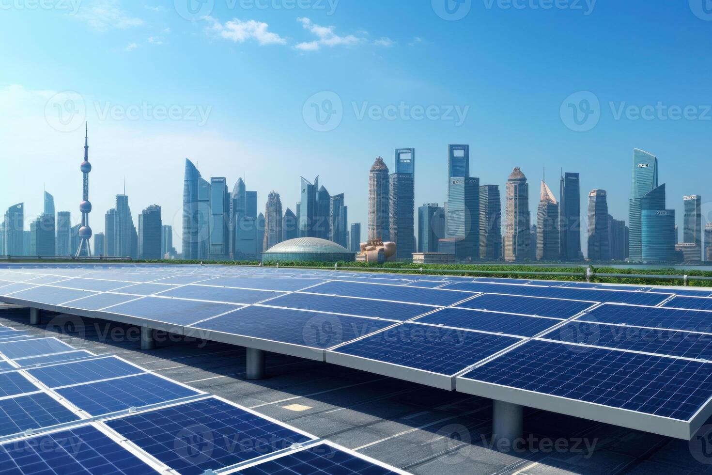 Solar Power Plant on Background of a Futuristic Cityscape. Concept of Clean Energy. photo