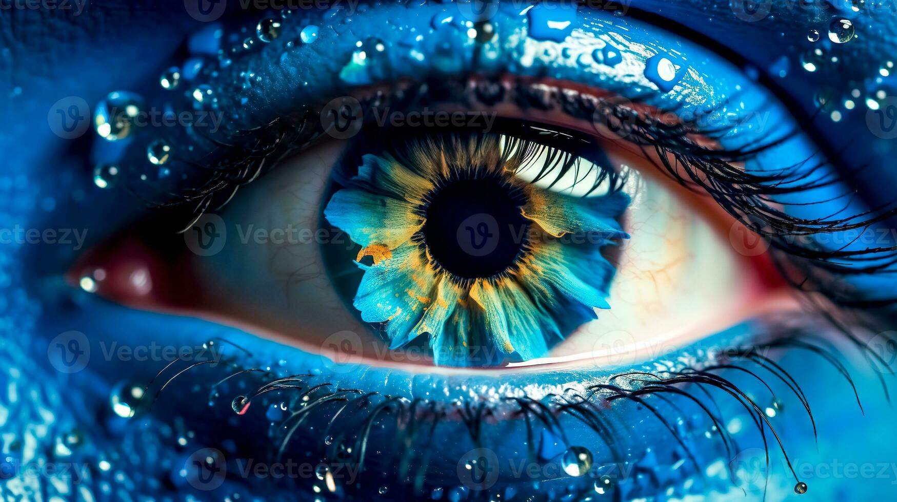 close-up of a blue human eye with a tear drop, pupil like a flower, made with Generative AI photo