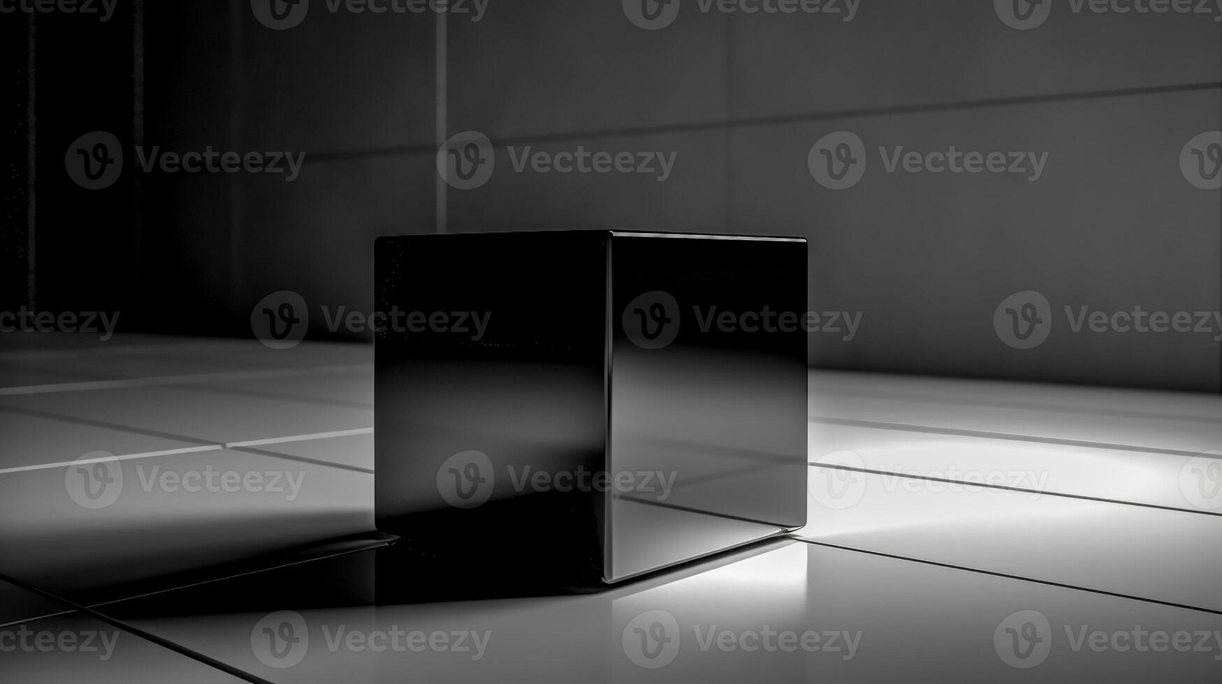dark glass cube reflects light and creates geometric shadows, made with photo