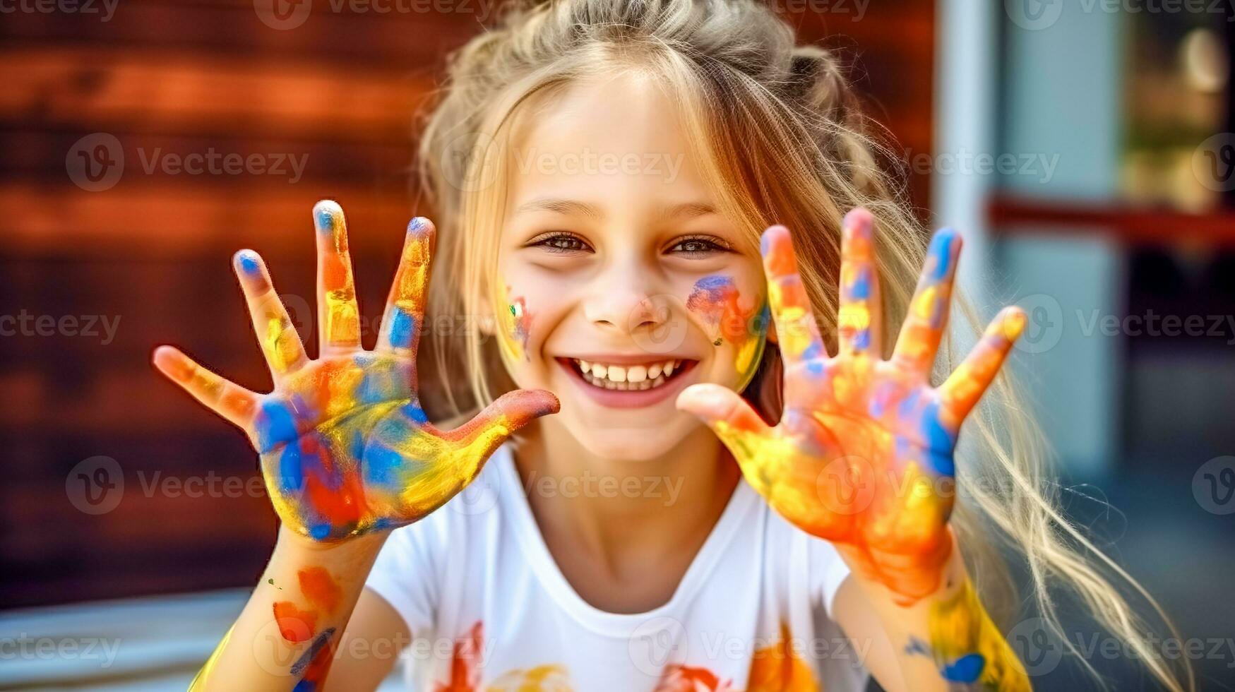little happy girl shows her hands drawn with different colored paint, made with Generative AI photo