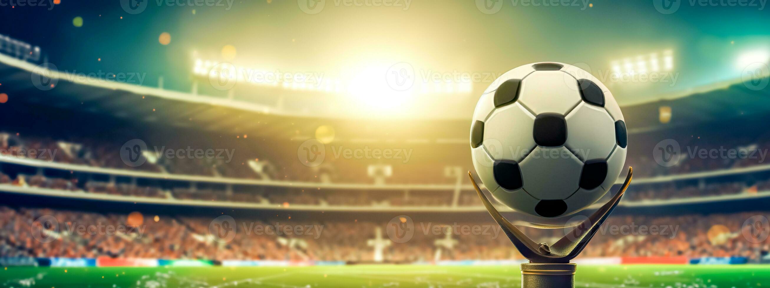 football ball on a stand on a soccer field, banner with copy space made with Generative AI photo