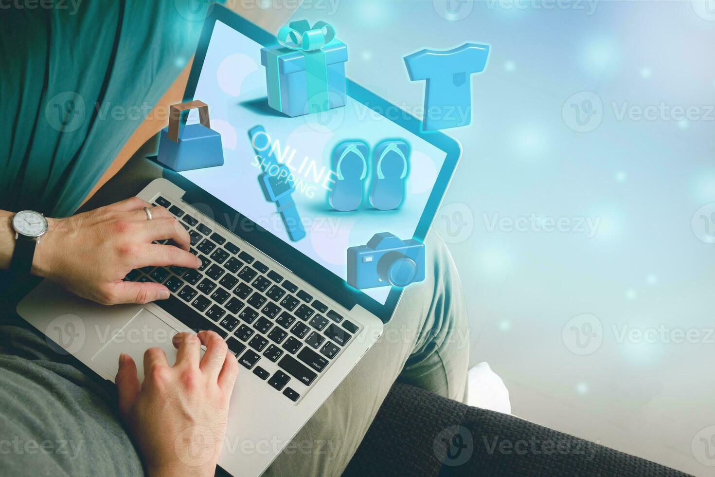 en línea compras sitio web, hombre sentado en sofá compras en línea Tienda en un ordenador portátil para en línea compras concepto diseño, vector 3d a hogar. foto