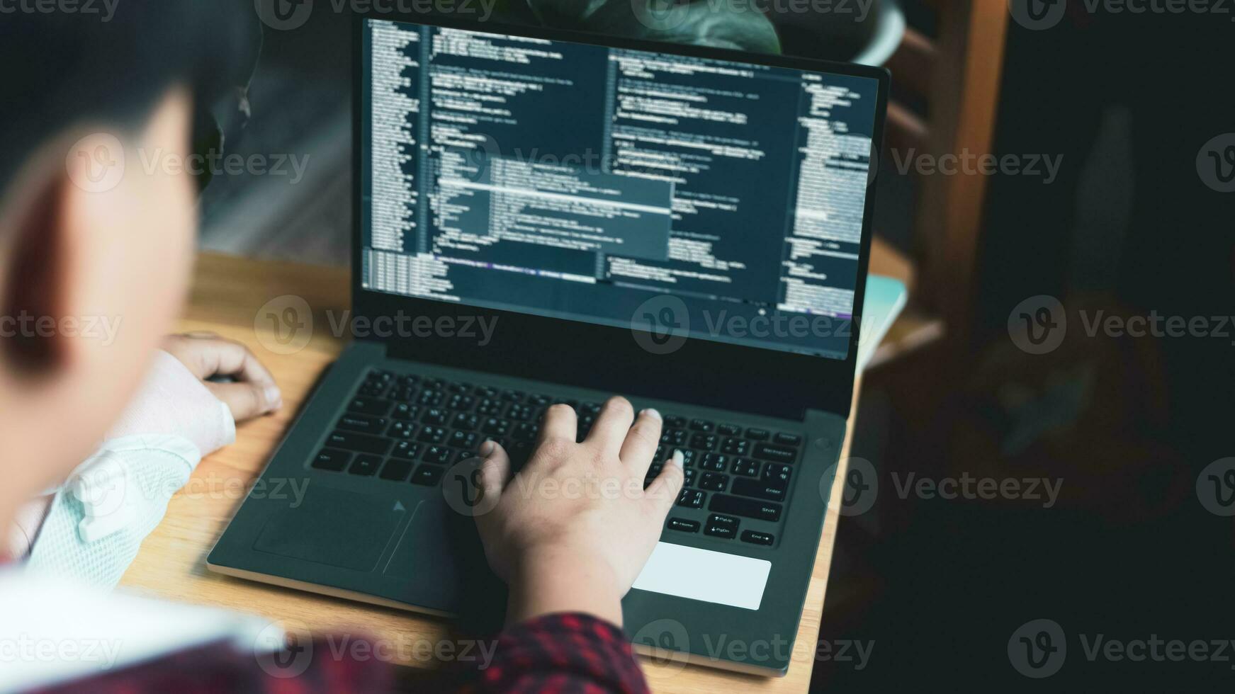 programmer writes coding digital world technology. Visualize programming and analysts worker with code Website design Safety of the social world Cyberspace concept. working from home. Selective focus photo