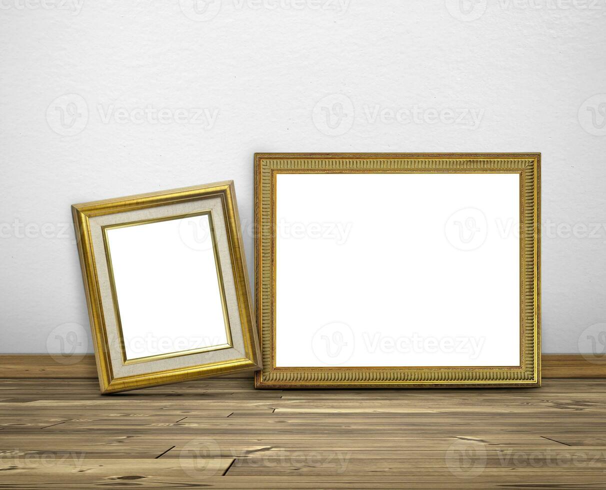 Golden picture frame in room white walls and wooden floors photo