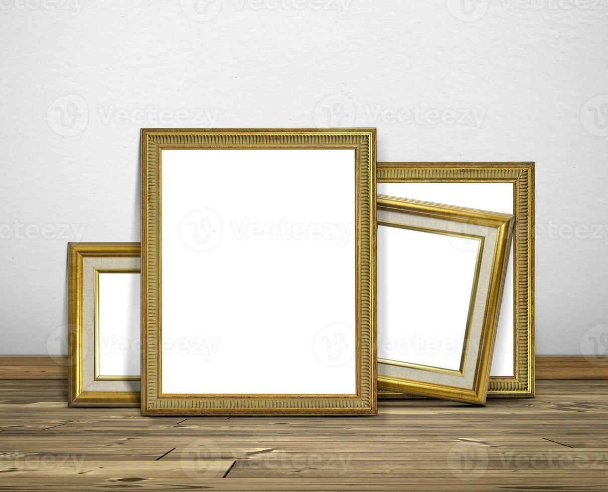 Golden picture frame in room white walls and wooden floors photo