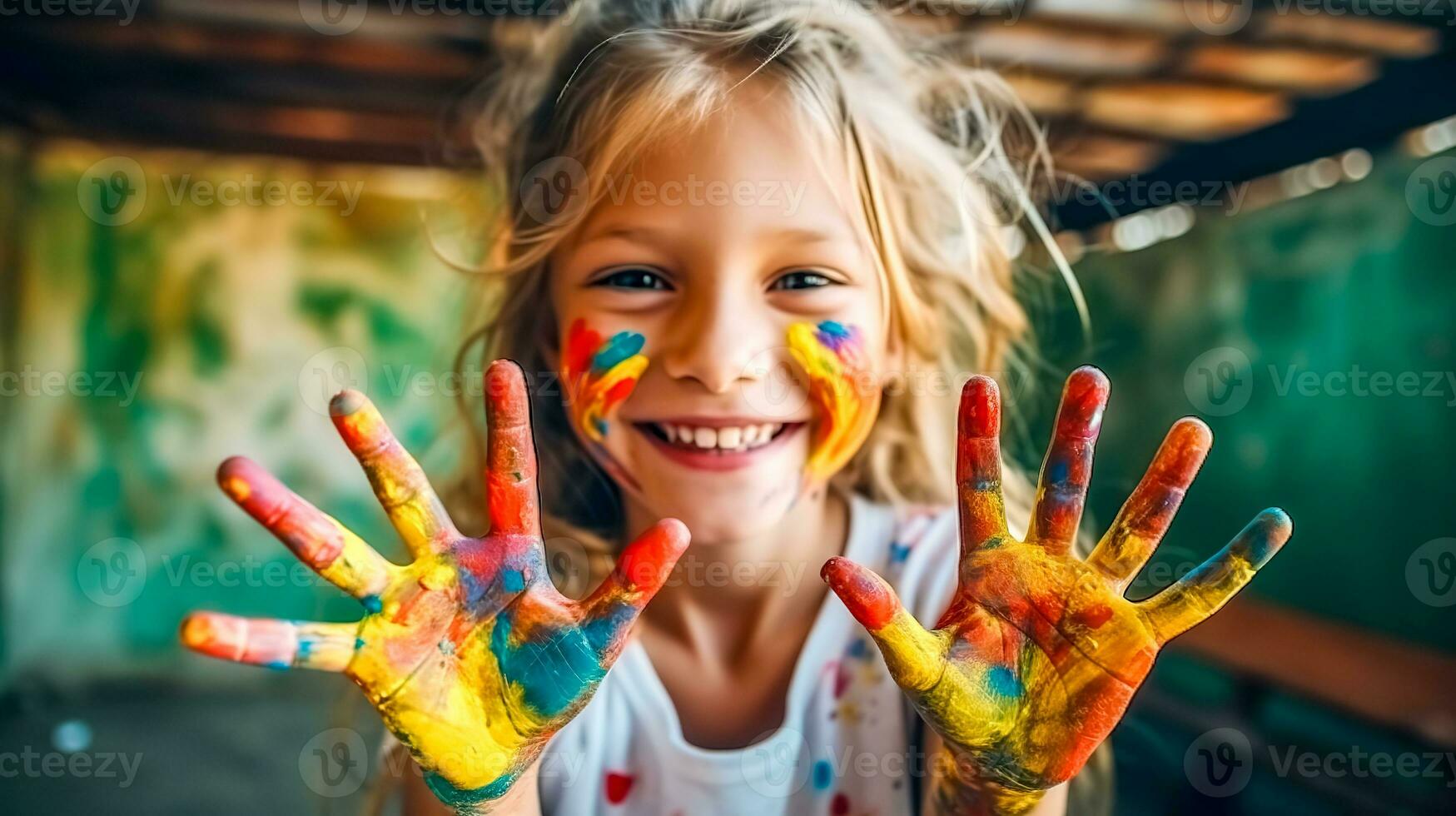 pequeño contento niña muestra su manos dibujado con diferente de colores pintar, hecho con generativo ai foto