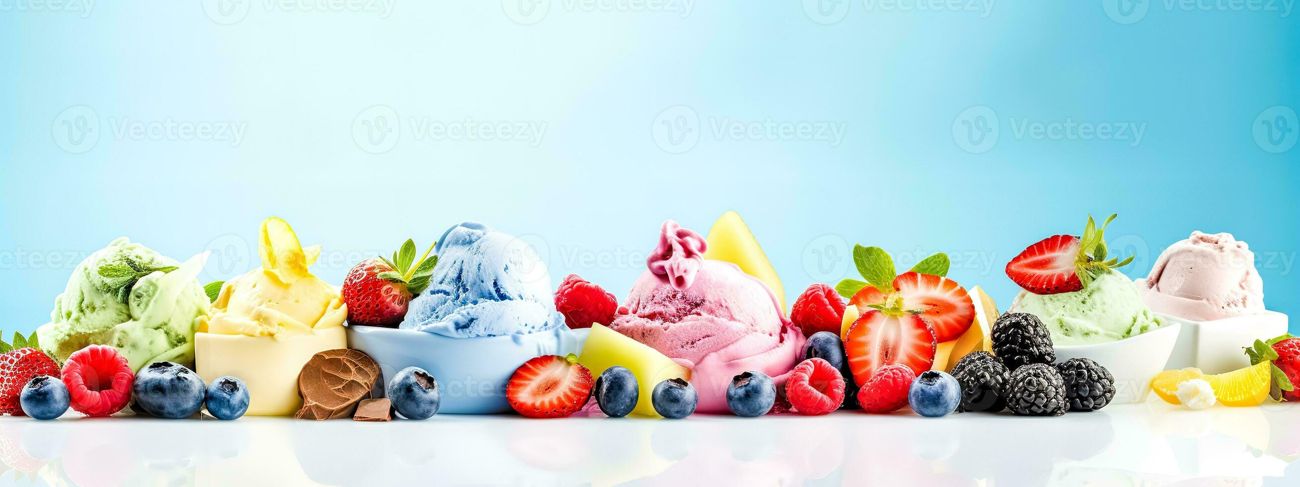 freshness colorful fruit ice cream of different flavors with fresh fruit, banner with copy space made with Generative AI photo