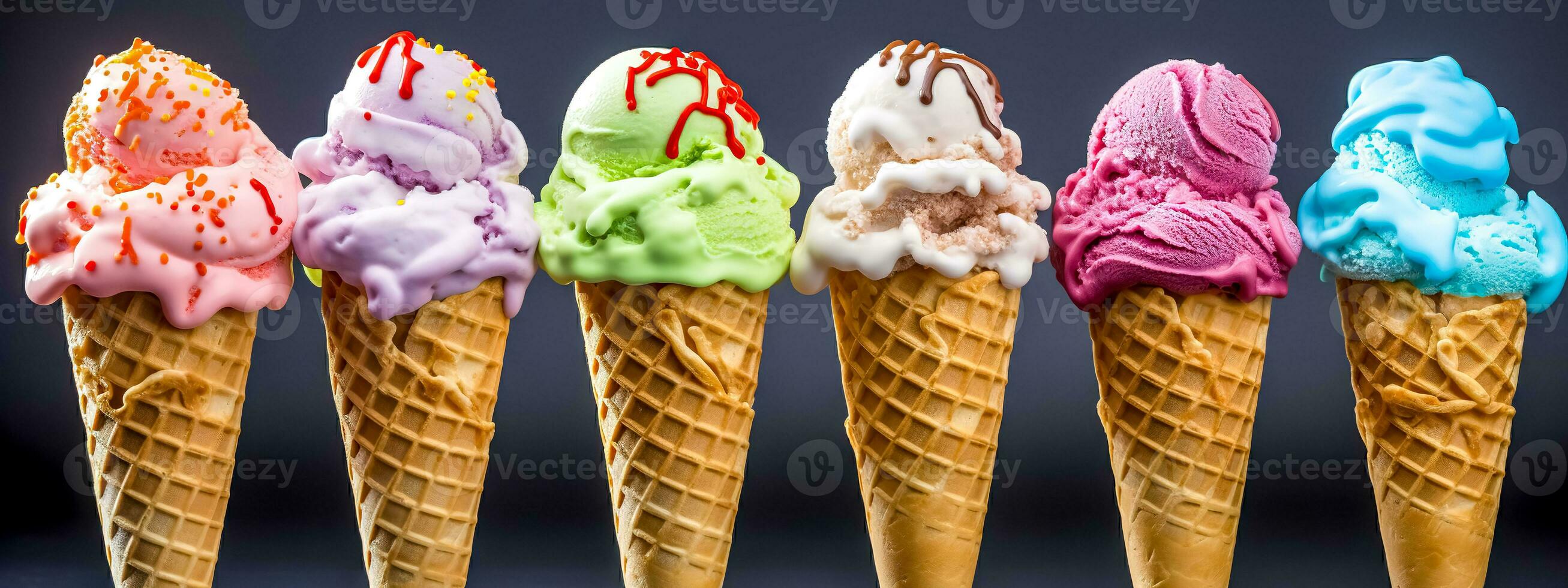 creamy collection of multi-colored ice cream of various flavors in a waffle cone, banner made with Generative AI photo