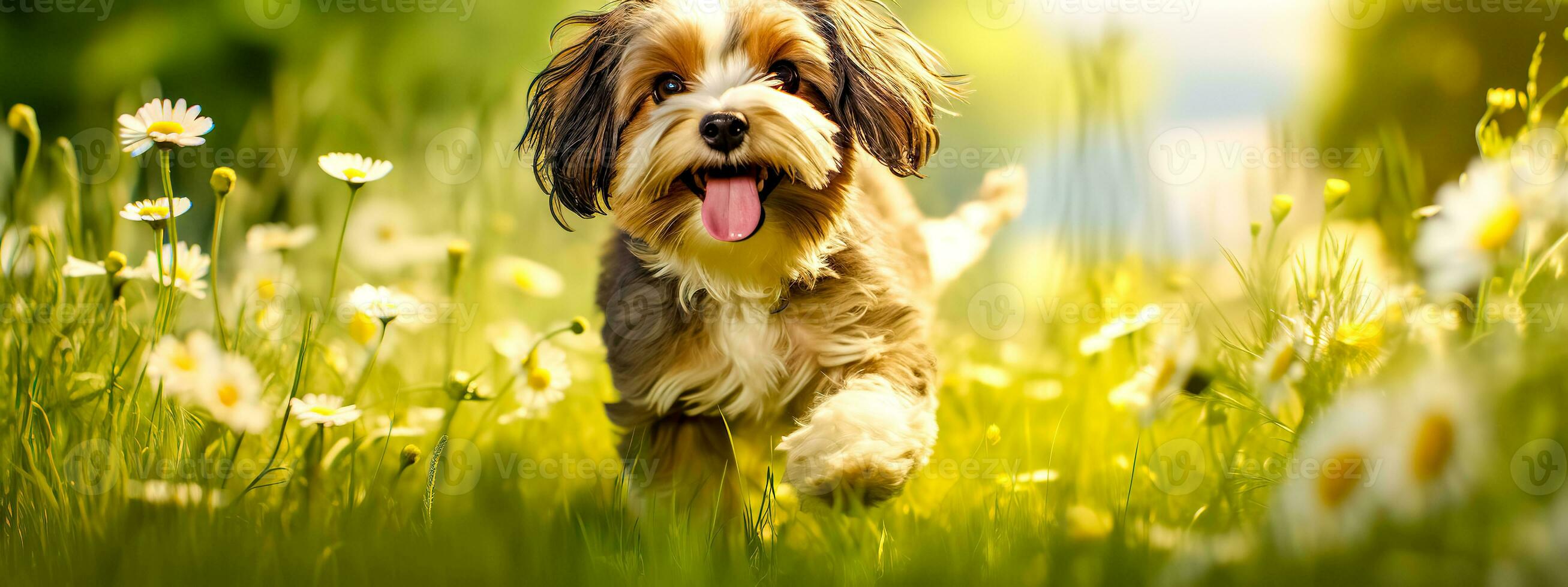 cute happy dog running across a green flowery meadow, banner made with Generative AI photo
