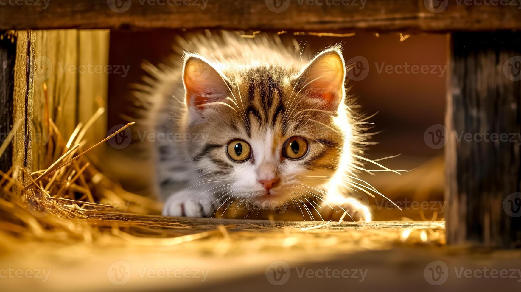 bonito pequeño gato esperando en ocultación para presa, caza bestia, hecho con generativo ai foto