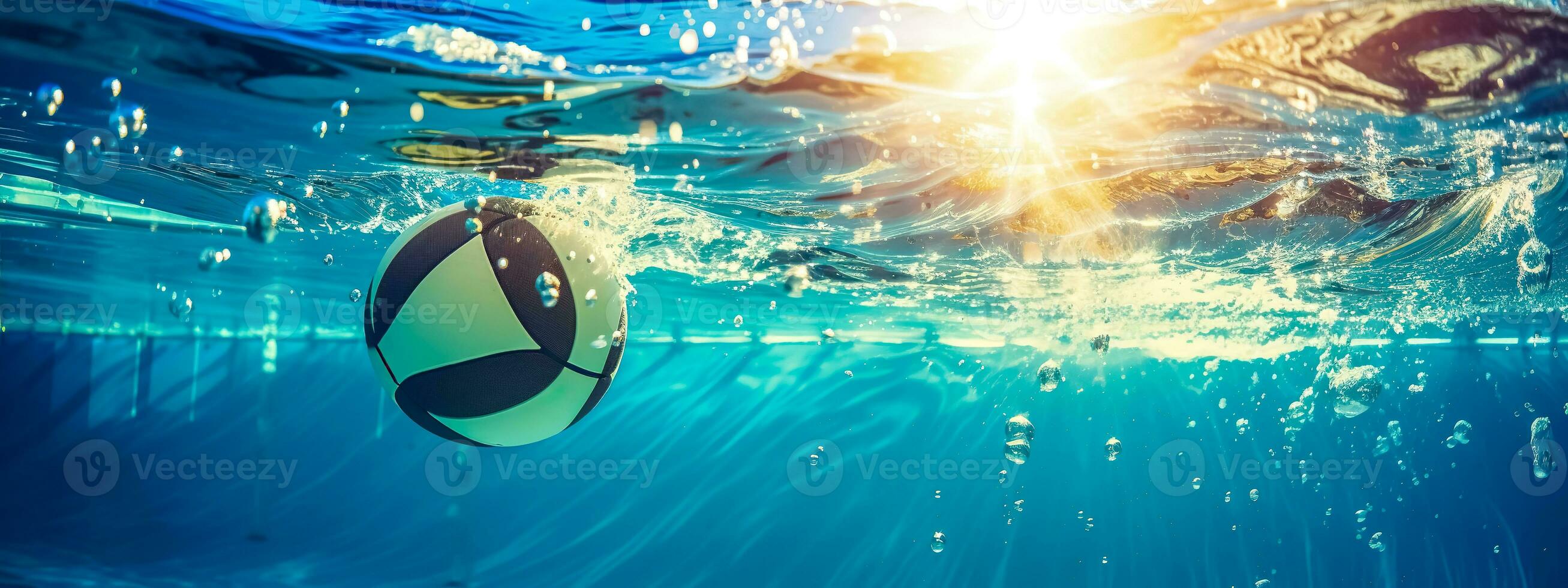 volleyball, water polo, ball falling into water, banner with copy space made with Generative AI photo