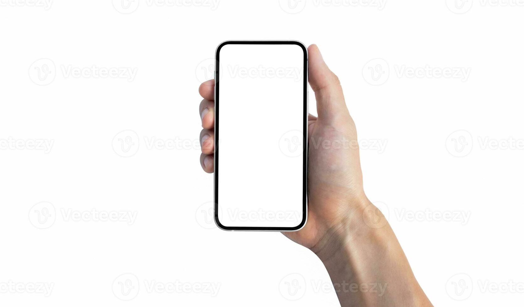 Concept for brochure and advertisement. Man holding a phone with his right hand, isolated on white background, after some edits. photo