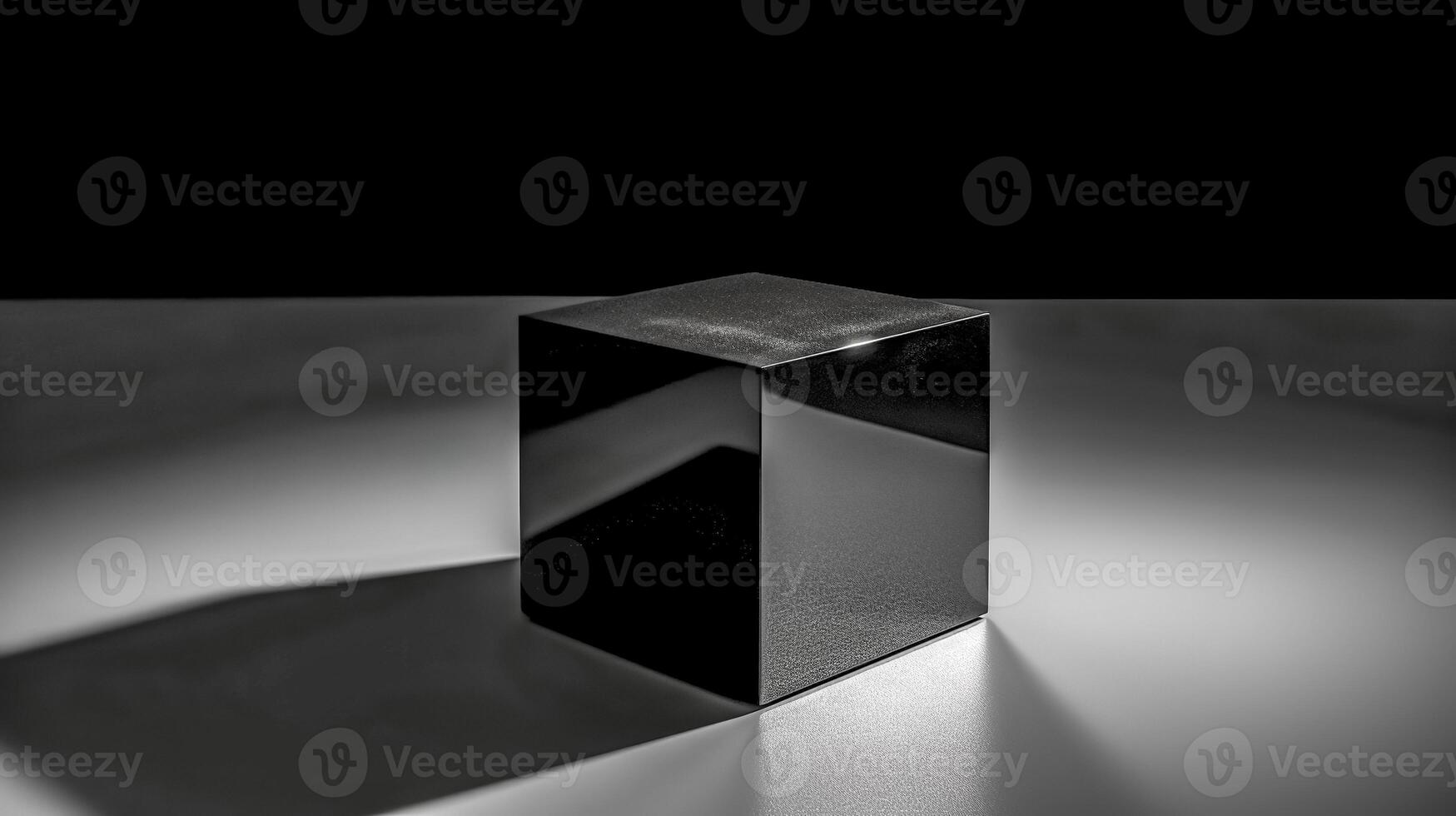 dark glass cube reflects light and creates geometric shadows, made with photo