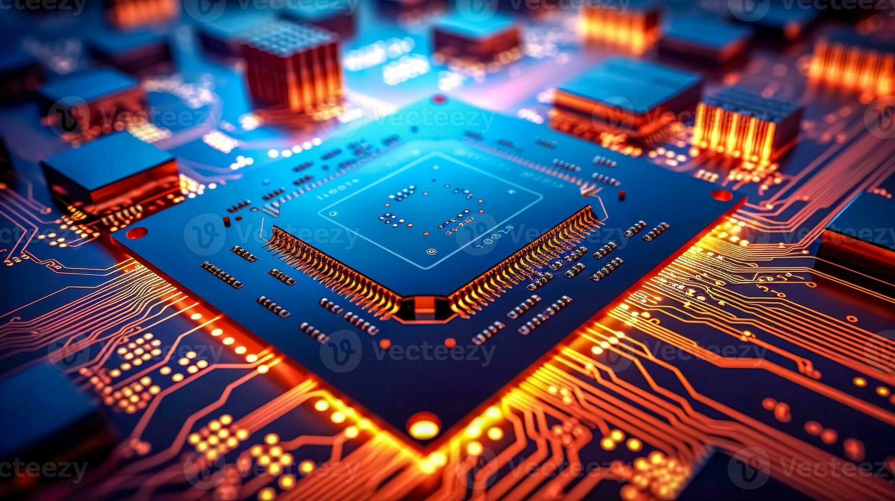 circuit board. a digital chip on the motherboard of an electronic device, made with Generative AI photo