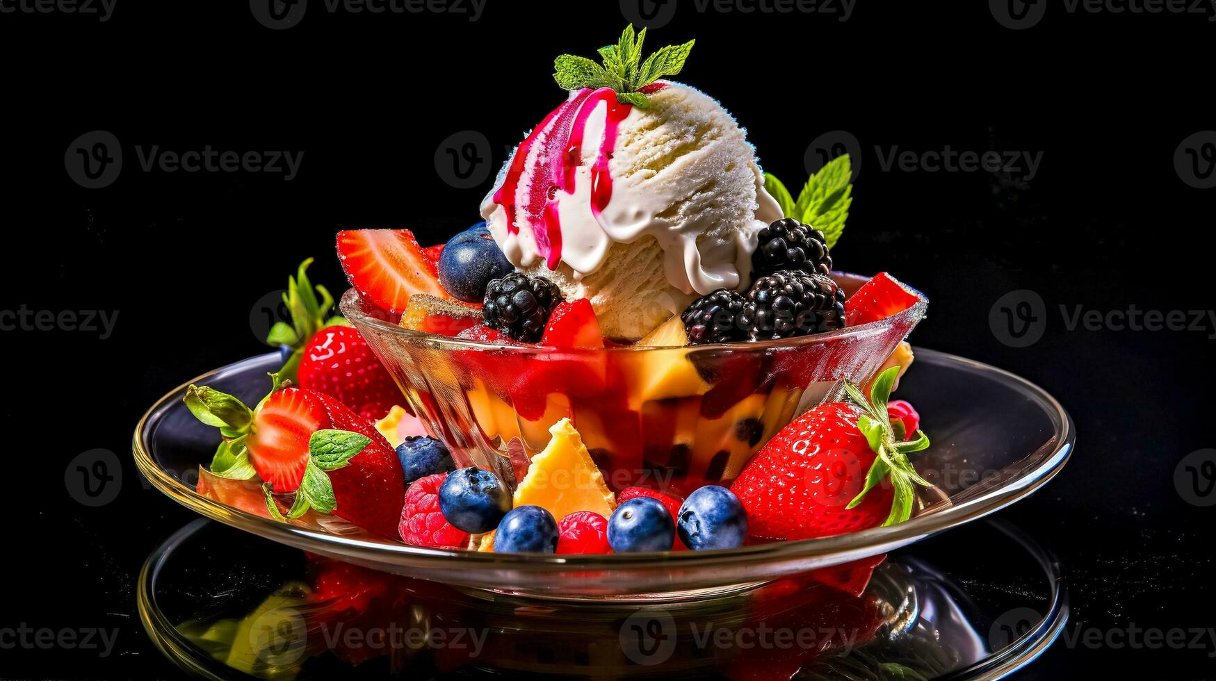 ice cream cup with fruit, made with Generative AI photo