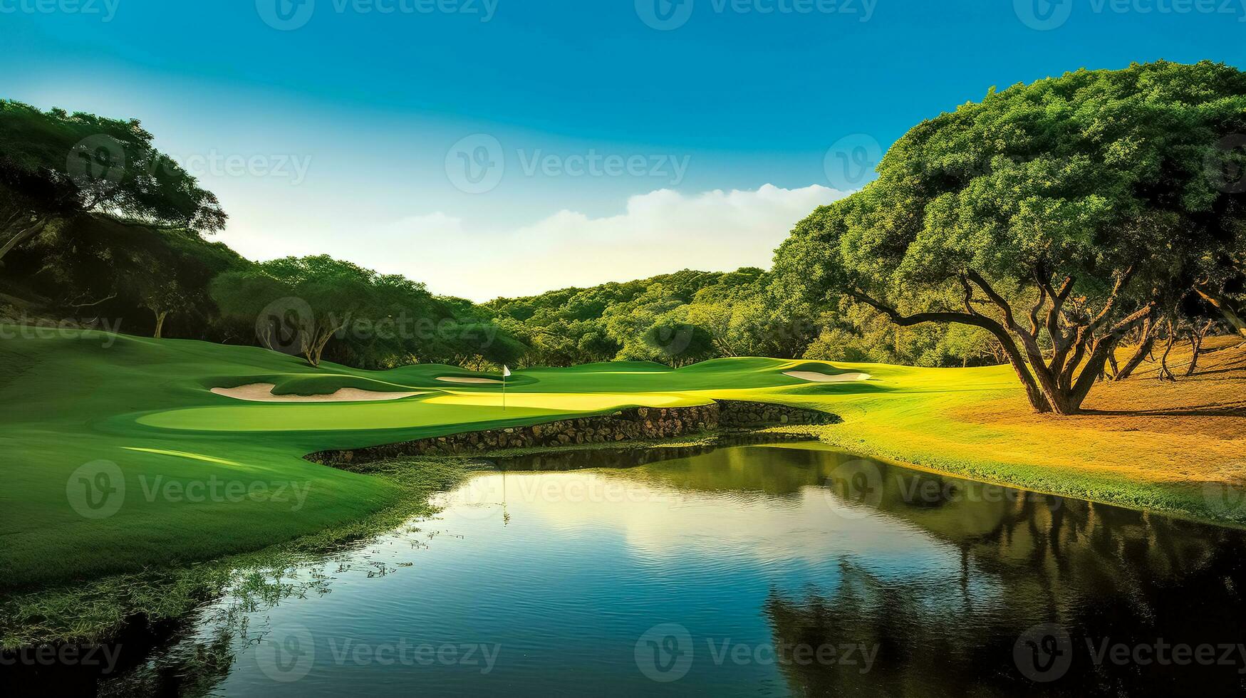 golf curso en naturaleza con un lago, bandera hecho con generativo ai foto