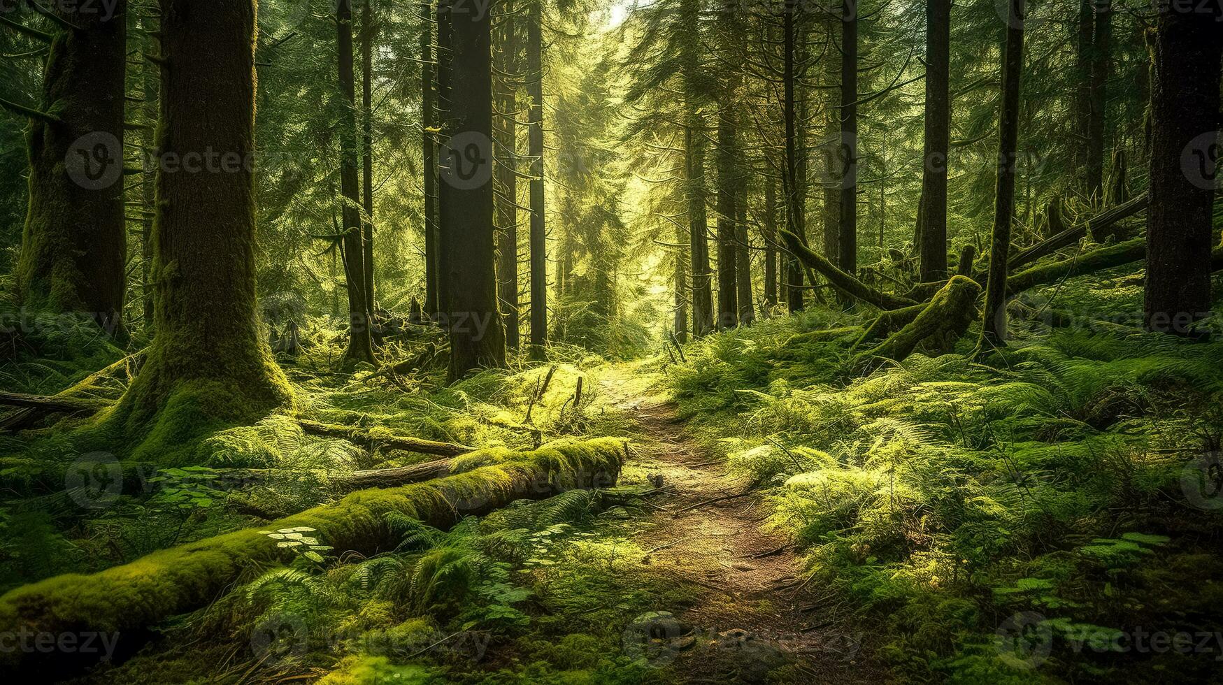 sendero en el antiguo verde bosque, hecho con generativo ai foto