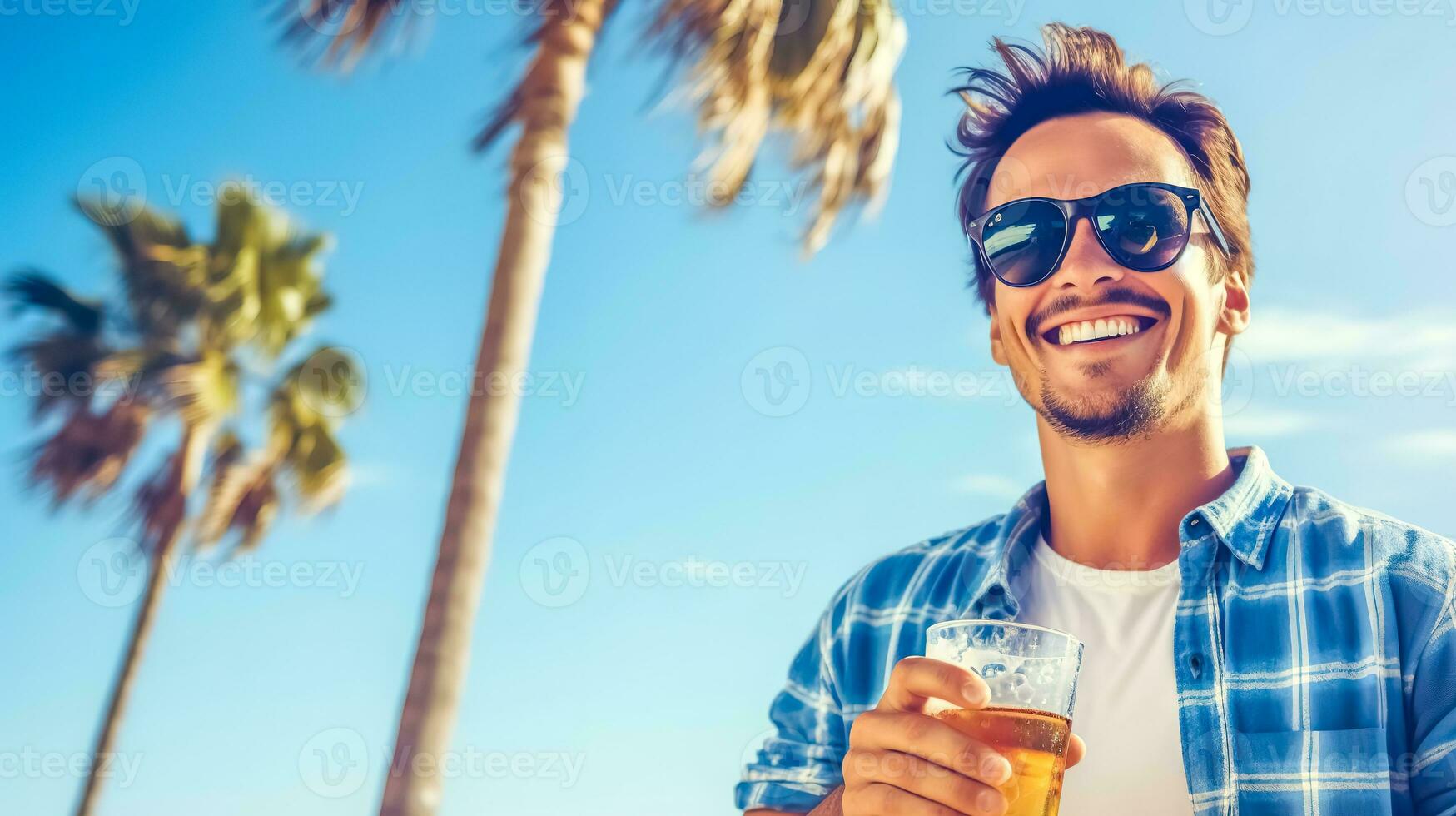 young smiling handsome happy man with a glass of beer on the beach, made with Generative AI photo