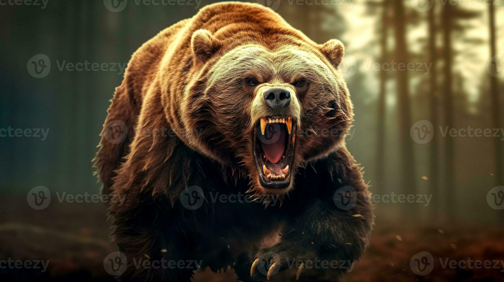 angry running brown bear in the forest, made with Generative AI photo