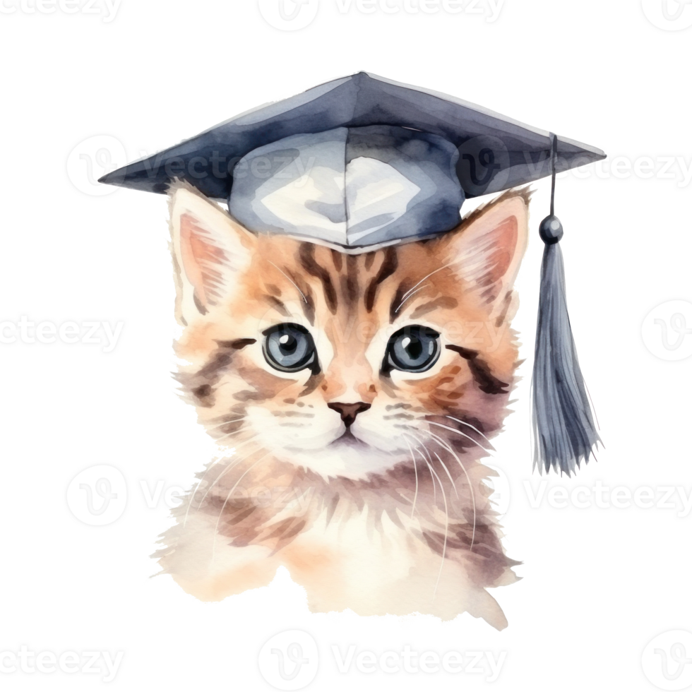 Cute watercolor cat in graduarion cap isolated png