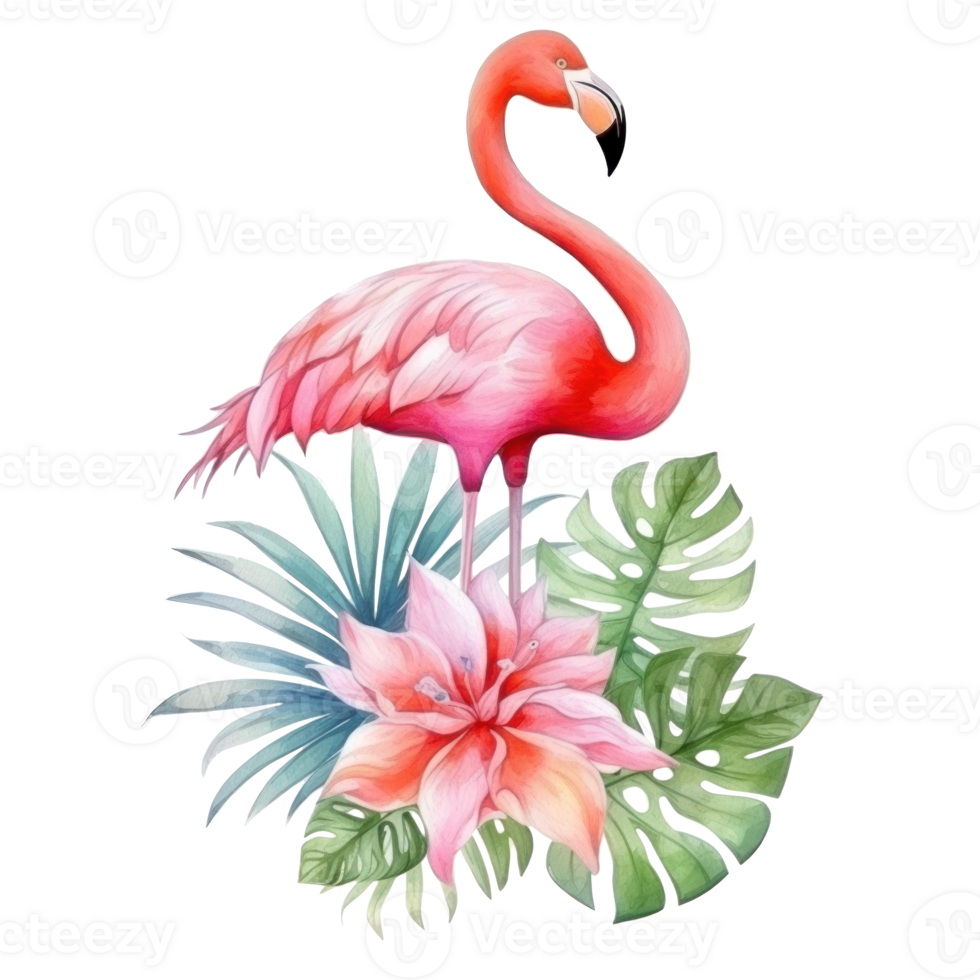 Cute watercolor flamingo with tropical flowers isolated png