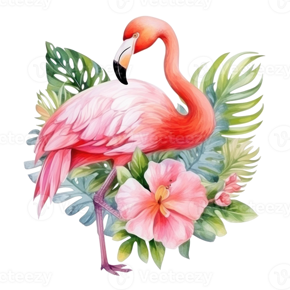 Cute watercolor flamingo with tropical flowers isolated png