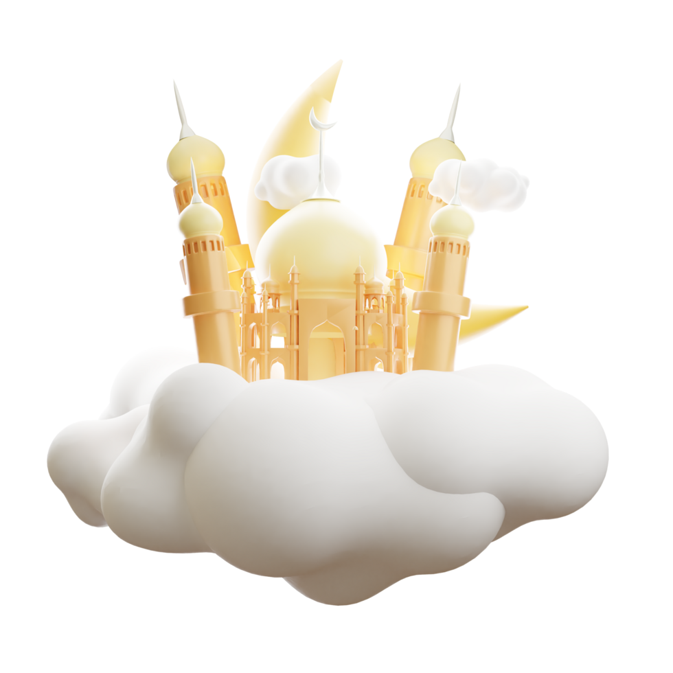 mesquita construção com crescente lua e nuvens 3d render png