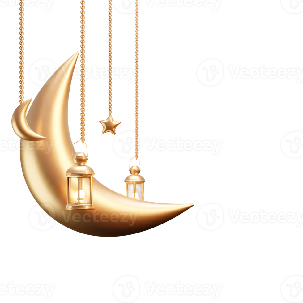 arabic lantern with golden crescent moon decoration realistic 3d rendering png