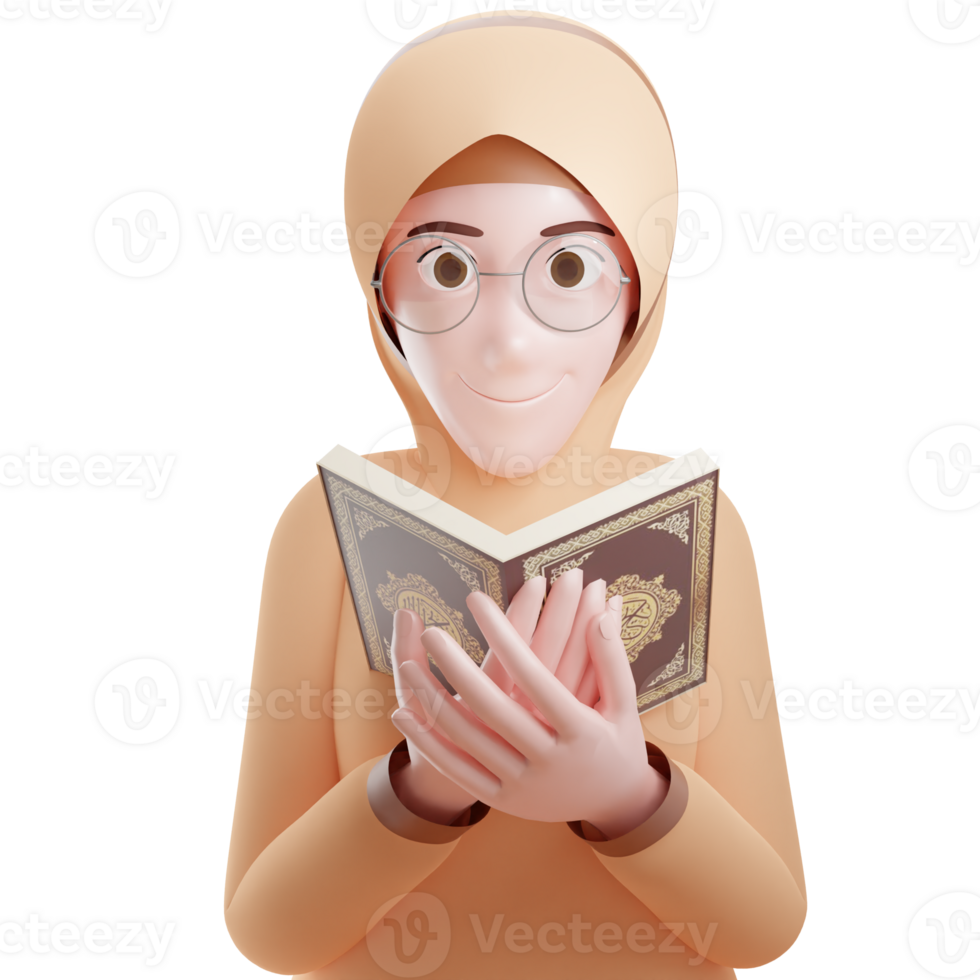 Jeune musulman femme personnage avec en train de lire saint coran 3d illustration png