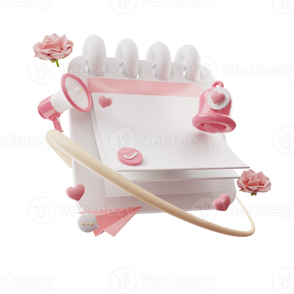 Valentine Cute calendar reminder icon with bell and flower icon 3d illustration png